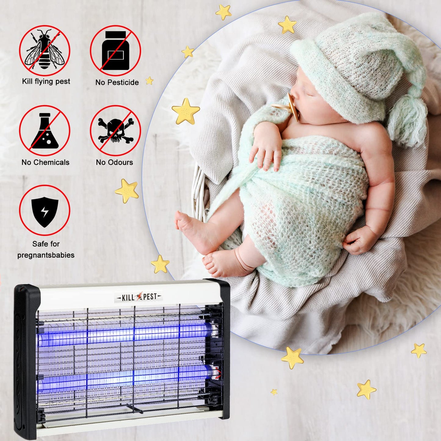 2 Pcs Electric Bug Zapper Indoor Insect Killer with Replacements Bulbs 20W Blue Light Powerful 2800V Attract Fly and Mosquito Traps with Circuit No Load Protection Outdoor Plug in Pest Control