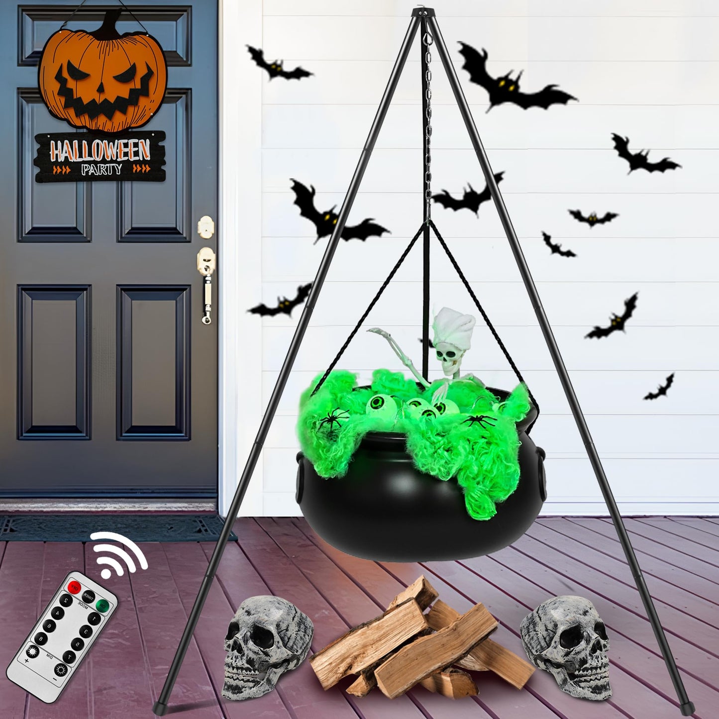 Halloween Decorations Outdoor Indoor,Large Witches Cauldron on 52" Tripod with String Lights, Skeleton and Eyeballs,Hocus Pocus Decor,Witches Cauldron for Yard Patio Garden Lawn Decorations.