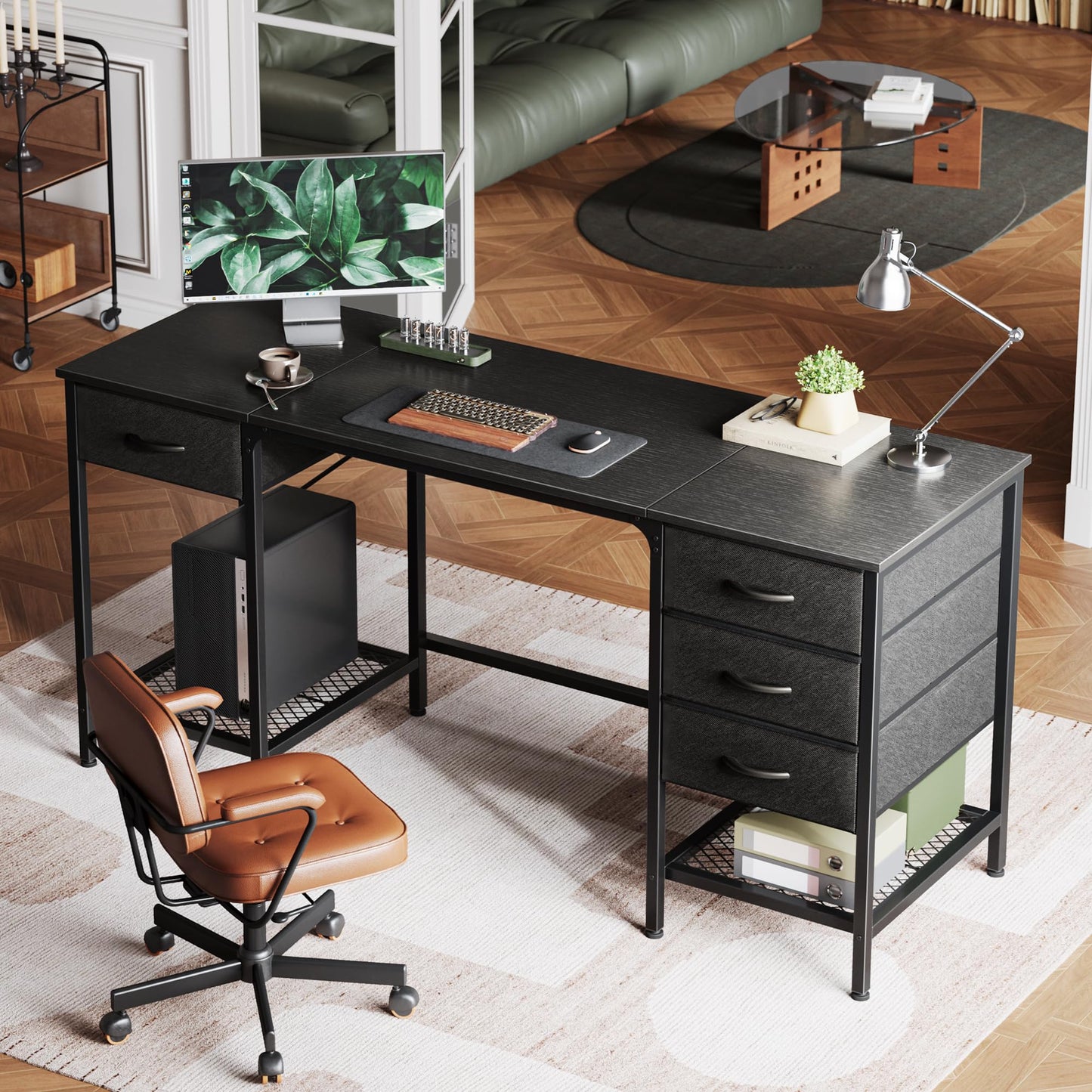 Huuger 63 Inch Computer Desk with 4 Drawers, Mesh Shelf, Gaming, Large Storage, Writing Work Desk for Home, Study, Bedroom, Work from Home, Black