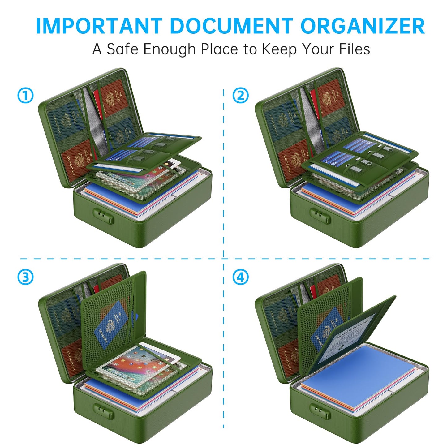 ENGPOW 5200°F Fireproof Document Bag with Lock, Upgraded Heat Insulated Fireproof＆Waterproof Box 8 Layers Document Organizer, Portable Home Travel Safe Storage Box for Important Files, Laptop,Green