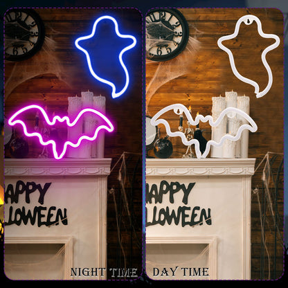 2 Pack Halloween Decoration LEDs Neon Sign Light Ghost Neon Sign Bat Lights Neon Signs Hanging Neon Signs for Halloween Party Decorations Indoor Home Window Decorations(Batteries Not Included)