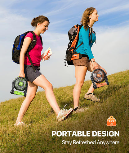 Doviluxe Camping Fan Battery Powered -12000mAh Portable Rechargeable Fans Light, Battery Operated Fan for Camping Hook 4 Speed Quiet Cordless USB Personal Cooling for Desk Home Beach Tent BBQ