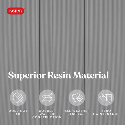 Keter Premier Tall 4.6 x 5.6 ft. Resin Outdoor Storage Shed with Shelving Brackets for Patio Furniture, Pool Accessories, and Bikes, Grey & Black