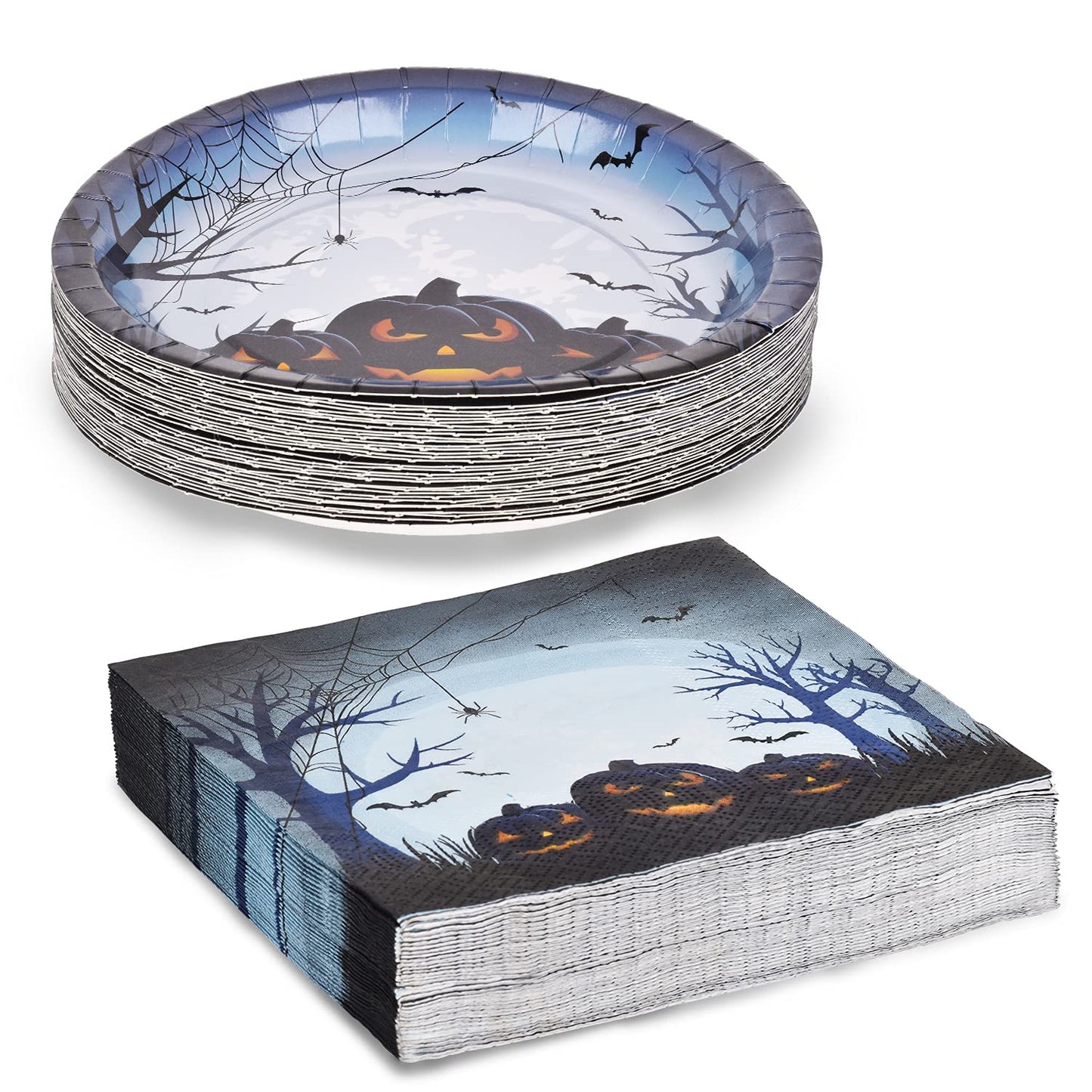 Gatherfun Halloween Party Supplies Anger Black Pumpkin Disposable 10 inch Big Paper Plates and Paper Napkins for Spooky Halloween Party Decorations Serve 50
