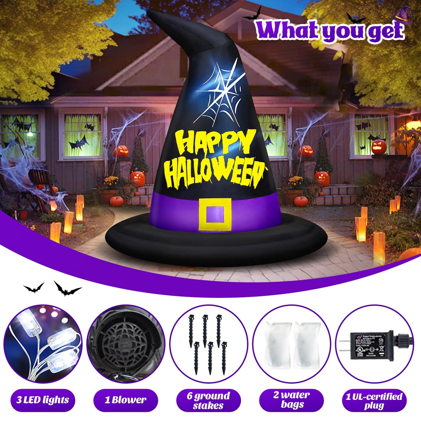 Danxilu 6 FT Halloween Inflatables Outdoor Decorations, Halloween Inflatable Witch Hat Built-in LED Lights Blow Up Yard Decoration for Decor Outside Holiday Party Garden Lawn