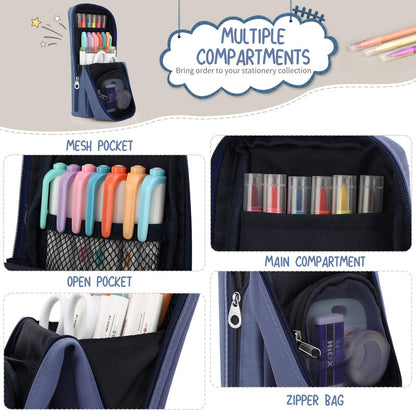 Housolution Standing Pencil Case Large Capacity Pen Bag, Multi-Layer Pen Pouch Pencil Holder Stationery Organizer, Polyester Pencil Bag Storage Box Desk Organizer, Blue