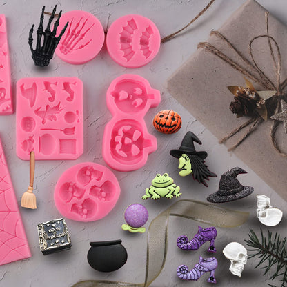 Halloween Silicone 7-Pack Pumpkin Cake & Cupcake Chocolate Skull Batskeleton Hand Bat Ghost Witch Candy Molds for Party