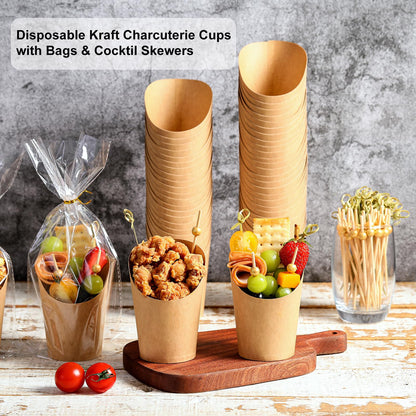 Disposable Charcuterie Cups 60 PCS with 200PCS Sticks and 60PCS Bags, 14 oz Kraft Paper Snack Boxes Appetizers Cup French Fry Holder with Cocktail Skewers Toothpicks Tooth Picks, Brown
