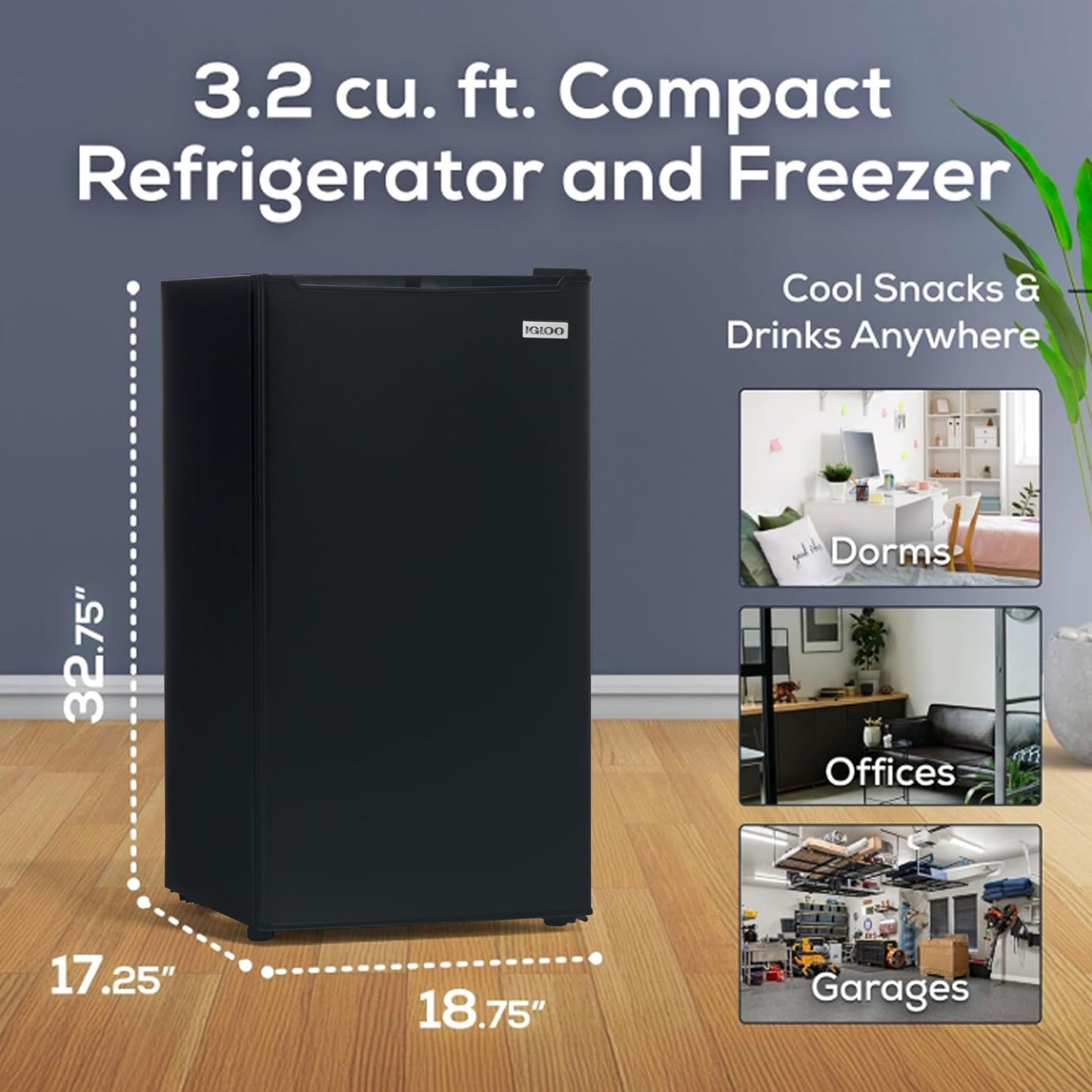 Igloo 3.2 Cu.Ft. Single Door Compact Refrigerator with Freezer - Slide Out Glass Shelf, Perfect for Homes, Offices, Dorms - Black