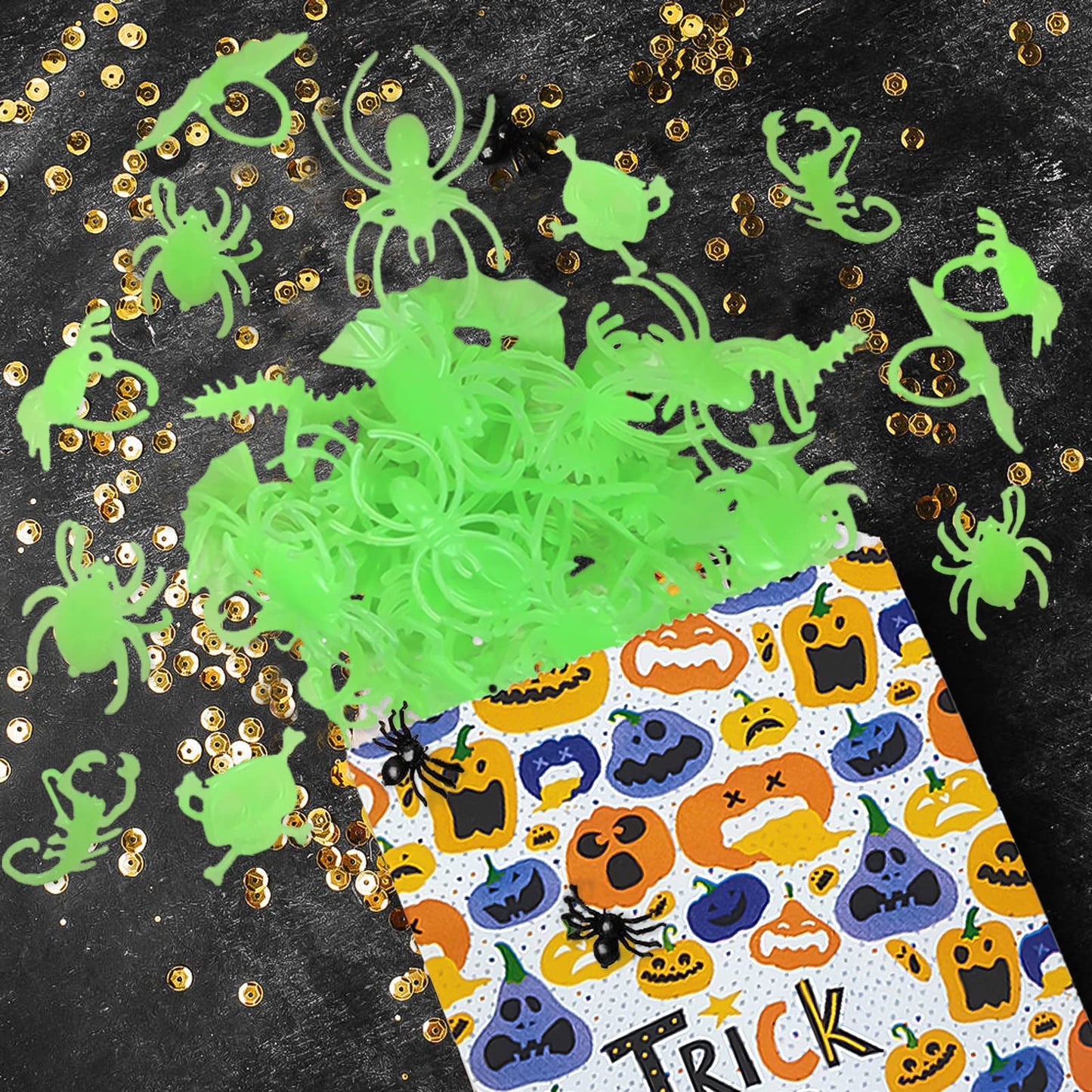 kockuu 56pcs Spider Rings Glow in The Dark Plastic Bugs Insects Ring Toys for Kids Toddlers Halloween Party Favors Trick or Treat Rings April Fool's Day Prank Gifts