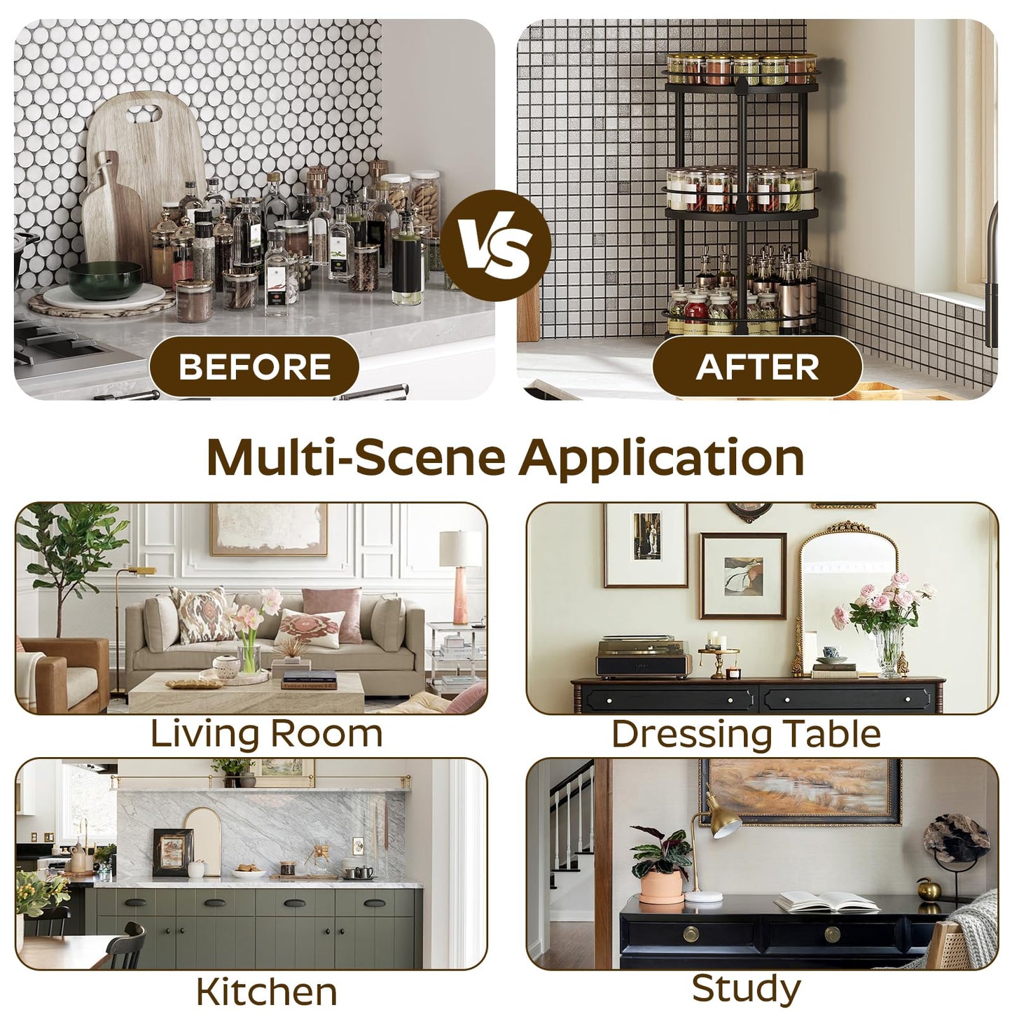 3-Tier Lazy Susan Organizer, Rotating Spice Rack, Spinning Organizer, Industrial Turntable Spice Rack Organizer for Cabinet, Kitchen Countertop, Pantry, Rustic Brown and Black SR23BR