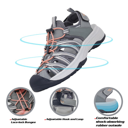 GRITION Womens Hiking Sandals, Ladies Closed Toe Walking Athletic Outdoor Sandles Comfort Adjustable Sport Beach Water Shoes Summer Grey (8 US / 39 EU)