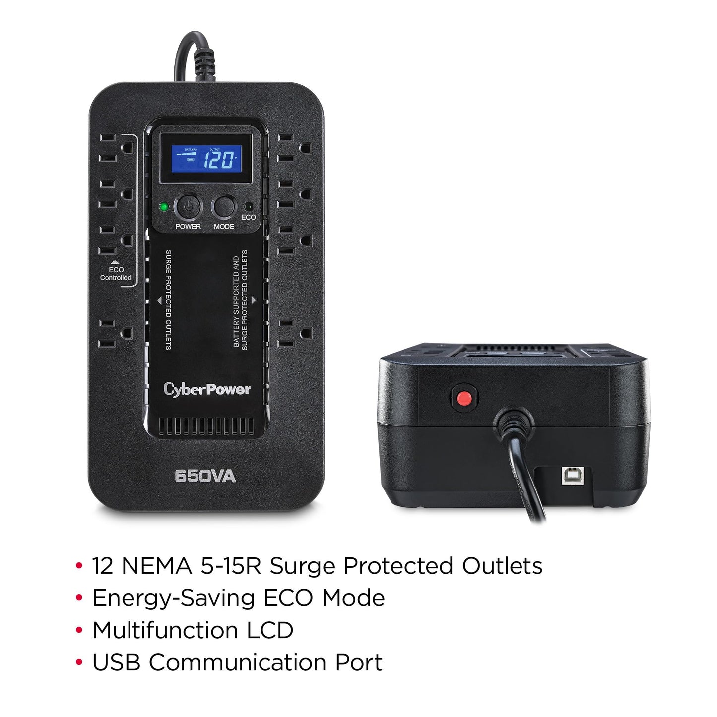 CyberPower EC650LCD Ecologic Battery Backup & Surge Protector UPS System, 650VA/390W, 8 Outlets, ECO Mode, Compact Uninterruptible Power Supply