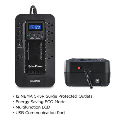 CyberPower EC650LCD Ecologic Battery Backup & Surge Protector UPS System, 650VA/390W, 8 Outlets, ECO Mode, Compact Uninterruptible Power Supply