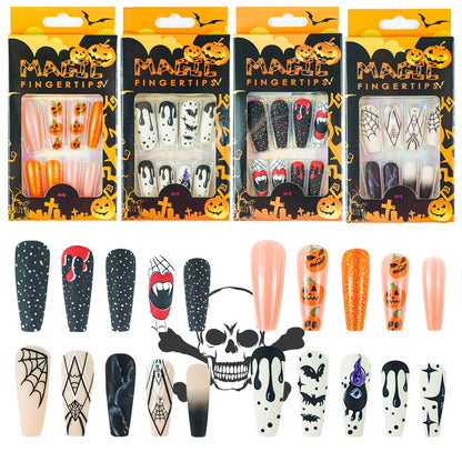 96 Pcs Halloween Press on Nails, Wsimily Halloween Long Coffin Acrylic Artificial False Nails Fake Nail with 96 Pcs Nail Adhesive Tabs, Pumpkin Spider Bat Design for Women Girl Nail Art Decoration