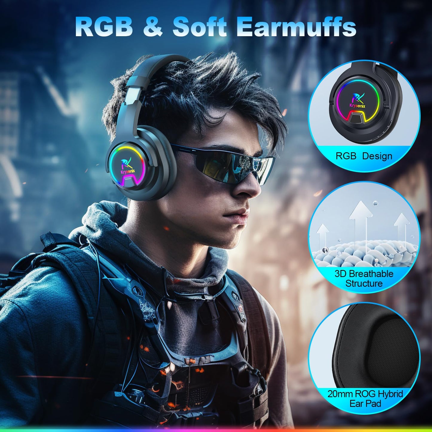 Krysenix PG3 Wireless Gaming Headset for PS4, PS5, PC - 2.4GHz 7.1 Surround Sound, Bluetooth Gaming Headphone with AI Detachable Noise Canceling Mic, 48-Hr Battery for Laptop, Switch, Mac (Black)