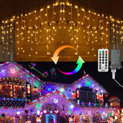 Brizled Christmas Icicle Lights, 29ft 360 LED Outdoor Icicle Lights Color Changing with Remote, 11 Function Connectable Christmas Lighting Warm White & Multicolor Xmas Lighting for Xmas Home Wedding
