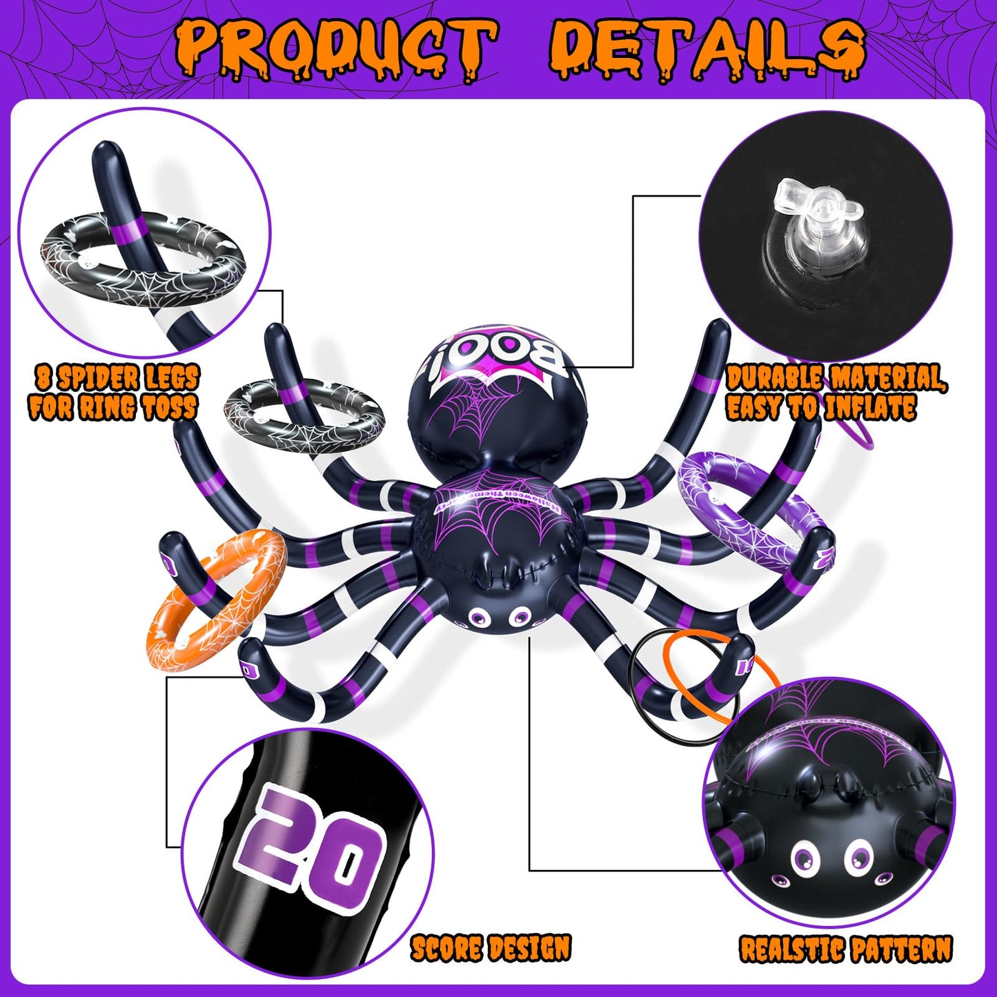 Garma Halloween Inflatable Spider Ring Toss Game - 2Pack Giant Spider Decoration for Kids School Party Favors Carnival Indoor Outdoor Party Games Family Fun Supplies