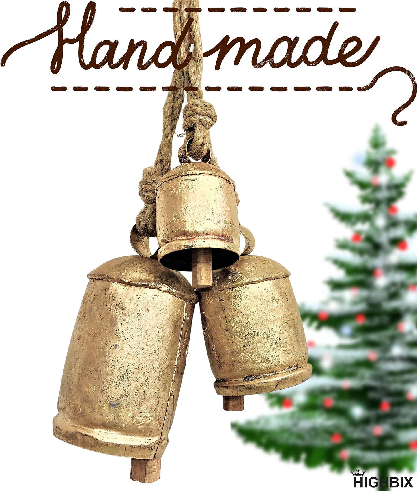 HIGHBIX Set of 3 Giant Harmony Cow Bells Huge Vintage Handmade Rustic Lucky Christmas Hanging XL Bells On Rope (Country Rustic, Large)