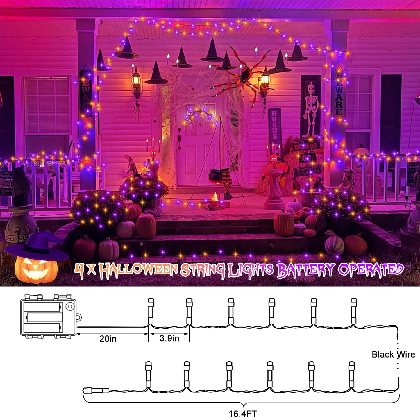 4 Pack Orange Purple Halloween String Lights Battery Operated, Each 16.4Ft 50 LED Indoor Halloween Lights with Timer 8 Modes for Party Yard Patio Decoration