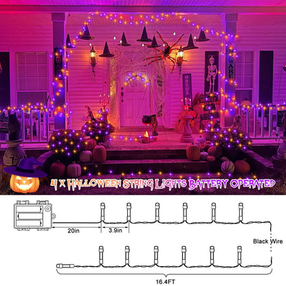 4 Pack Orange Purple Halloween String Lights Battery Operated, Each 16.4Ft 50 LED Indoor Halloween Lights with Timer 8 Modes for Party Yard Patio Decoration