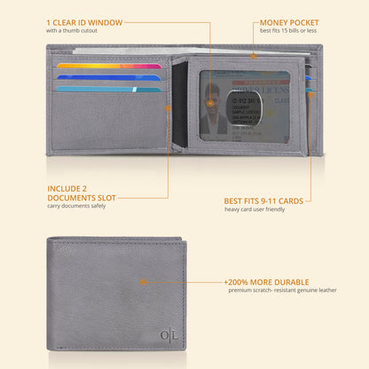 Grey Wallet For Men with 9 Credit Card Slots | Bifold | Leather | RFID Wallet Blocking | Gift For Men | Front Wallet