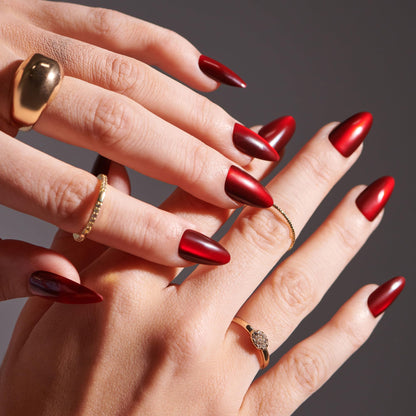 KISS Gel Fantasy Magnetic Press On Nails Almond, Solid Red, Medium Length, 28 Fake Nails, Pink Gel Nail Glue (Net Wt. 2 G / 0.07oz.), Manicure Stick, and Mini Nail File