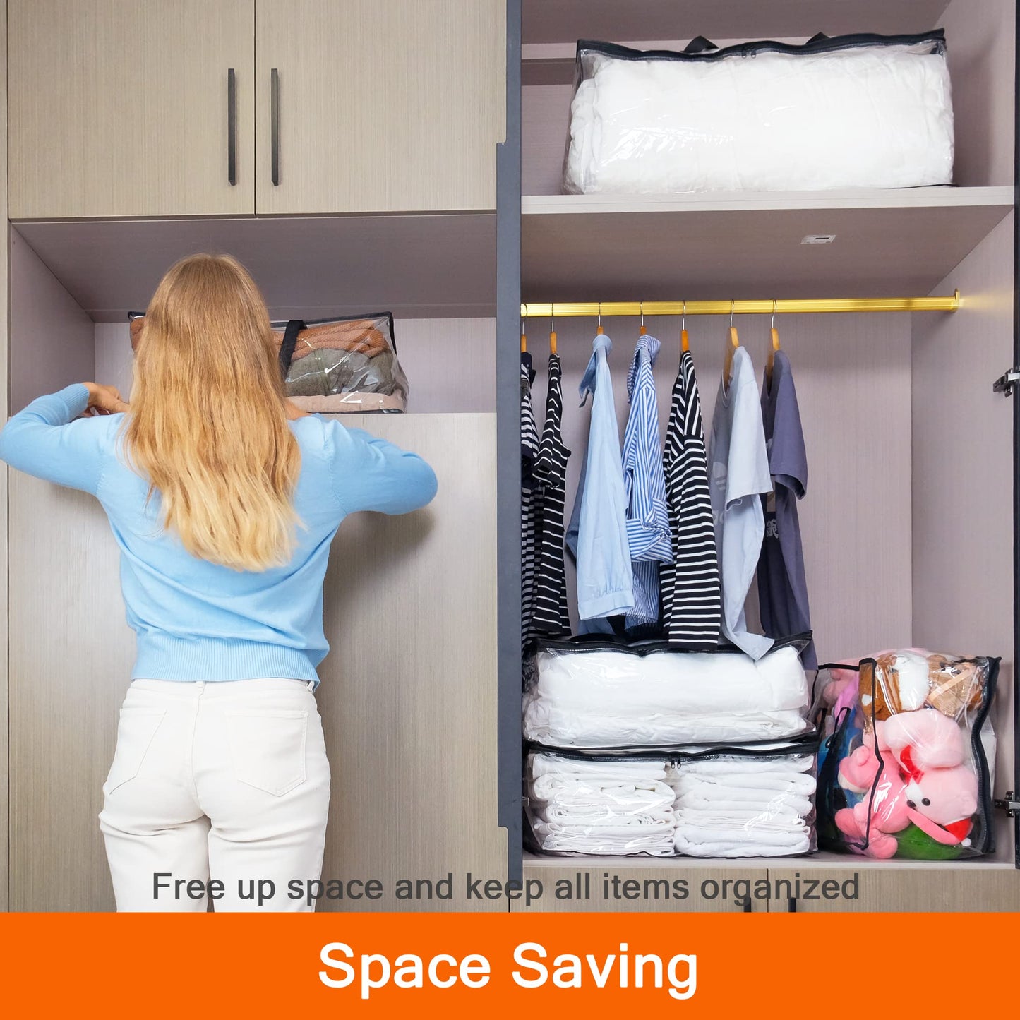 Vieshful 3 Pack Clear Clothes Storage Bag, 40L Plastic Blanket Storage Bag with Zipper, Foldable Closet Organizer, Moving bags for Comforter, Blanket, Bedding, Duvet, Toys