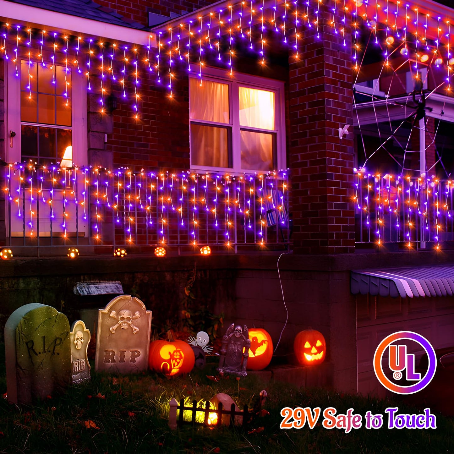KNONEW Orange Purple Halloween Lights 33FT 400 LED String Lights Outdoor with 75 Drops, 8 Lighting Modes, Timer Memory Function Connectable Hanging Curtain Lights for Halloween Party Decor