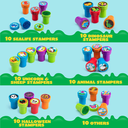JOYIN 100 Pcs Assorted Stamps for Kids Self-Ink Stamps (50 Different Designs, Dinosaur, Zoo Safari Stampers) for Party Favor, Carnival Prizes, School, Easter Egg Stuffers, Halloween, Christmas