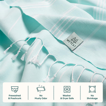 WETCAT Turkish Beach Towel Oversized (38"x71") 100% Turkish Cotton, Made in Turkey - Sand Free, Extra Large, Ultra Soft, Quick Drying, Compact & Lightweight for Travel - Aqua