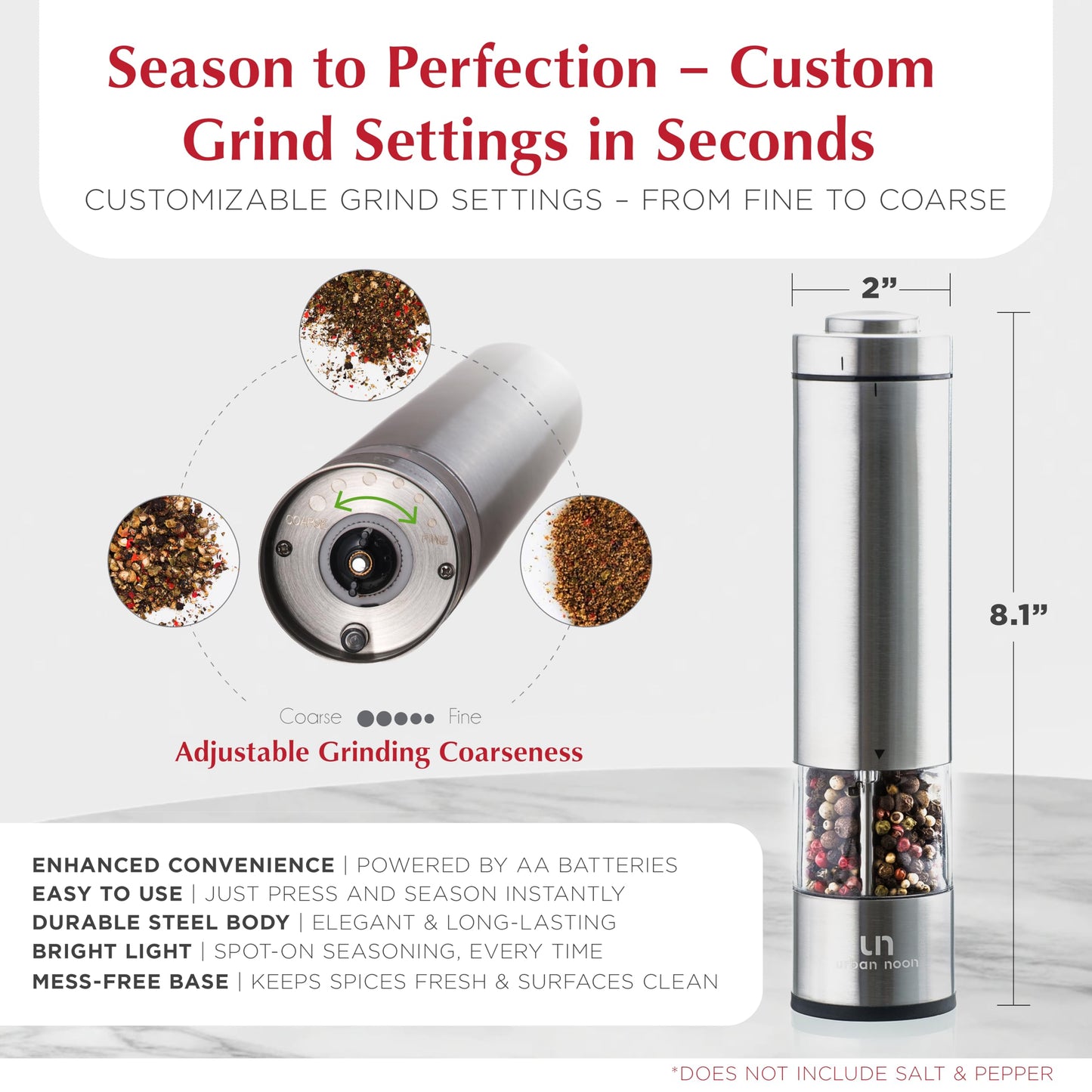 Electric Salt and Pepper Grinder Set - Battery Operated Stainless Steel Mill with Light (2 Mills) - Automatic One Handed Operation - Electronic Adjustable Shakers - Ceramic Grinders