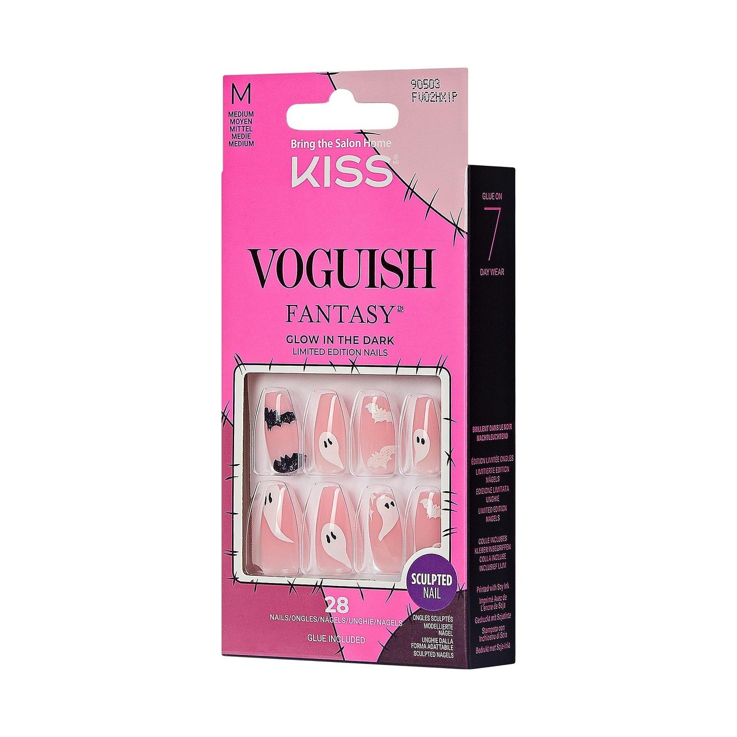KISS Voguish Fantasy Halloween Nails, Black & White, Medium Length, Coffin Shape, Pink Gel Nail Glue (2g), Mini Nail File, Manicure Stick, & 28 Fake Nails
