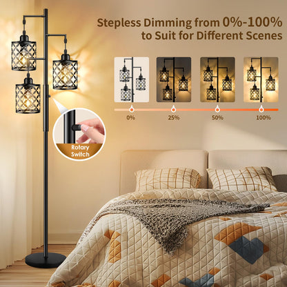GHOOCEMLUX 68" Dimmable Floor Lamp, Farmhouse Standing Lamp with Elegant Metal Cage, Industrial Tall Tree Floor Lamps for Living Room, Bedroom, Study Room, Office (2000LM LED Bulbs Included) - Black