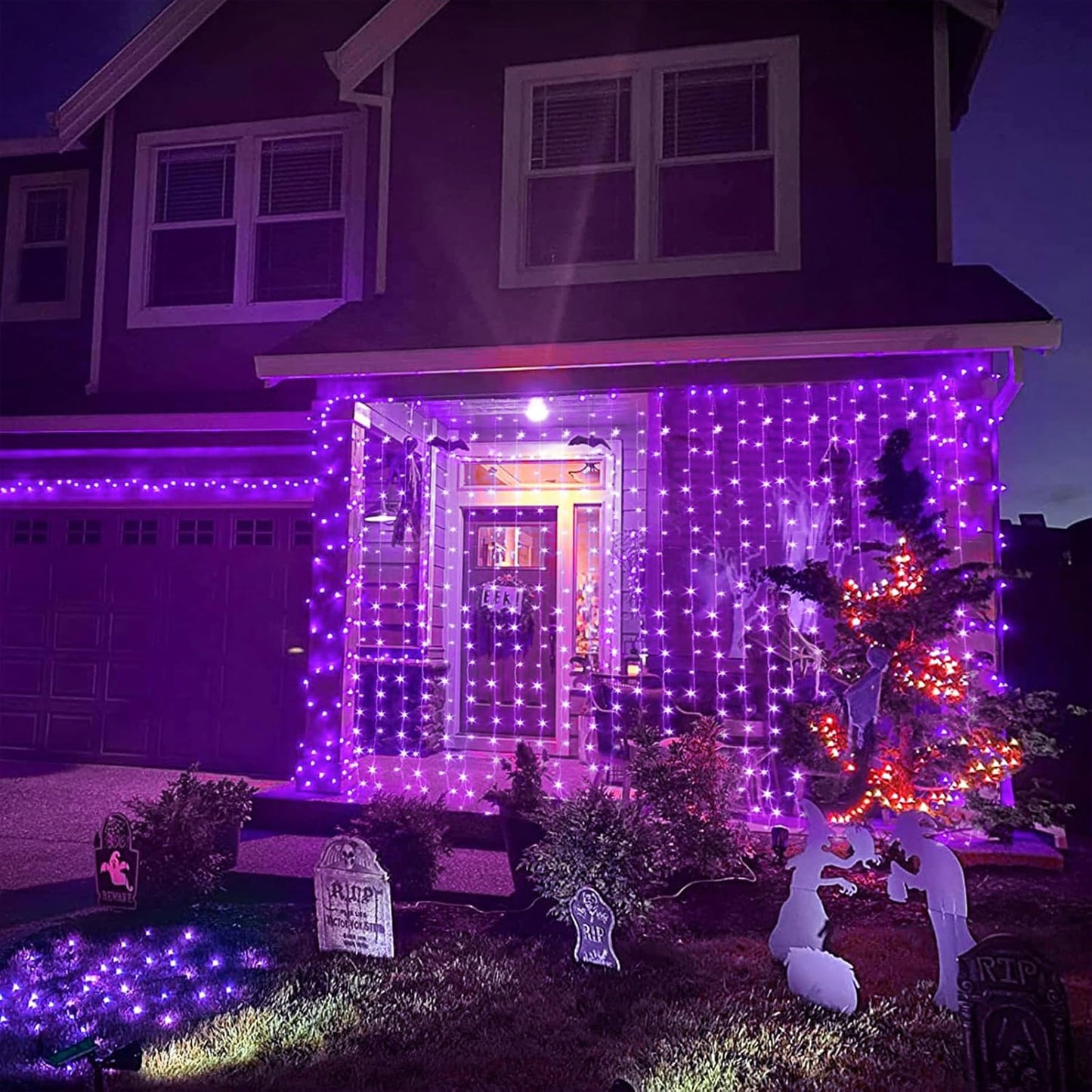 JMEXSUSS 300LED Purple Halloween Lights with Remote, Curtain Hanging Light Plug in, 8 Modes Purple String Lights for Bedroom Window Wall Party Backdrop Christmas Halloween Decorations