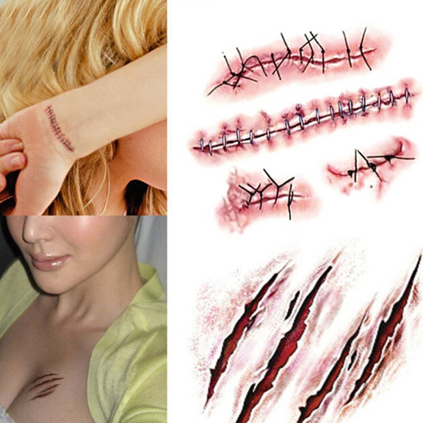 20 Sheets Halloween Body Face Scar Realistic Temporary Tattoos Stickers Horror Realistic Waterproof Fake Bloody Wound Stitch Stickers Makeup for Halloween Party Cosplay