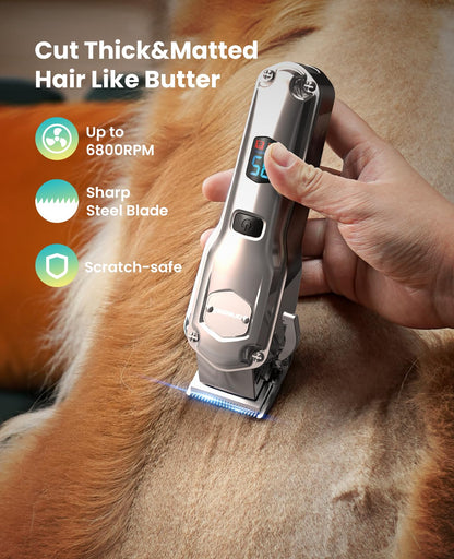oneisall Dog Clippers for Grooming Thick/Heavy Coats, 4-in-1 Dog Grooming Kit Low Noise with Stainless Steel Blade, Cordless Dogs Paw Trimmer Pet Nail Grinder for Small & Large Dogs Cats Animals