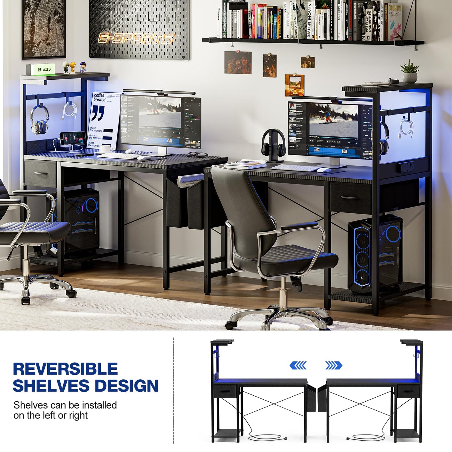 Grandder Gaming Desk 47 Inch with Power Outlet and LED Light, Computer Desk with Reversible Shelves and Storage Drawer, Pc Small Desk for Home Office Table with Bag, Carbon Fiber Black