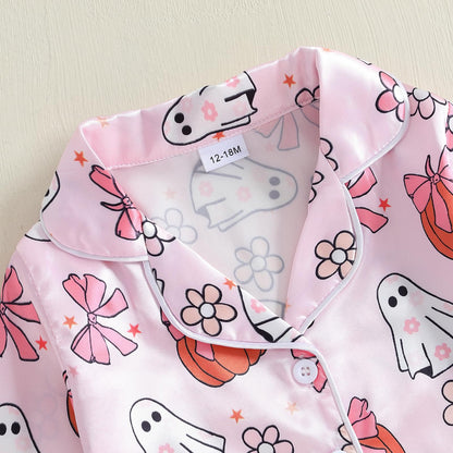 Kuriozud Kids Toddler Girl Halloween Pajamas Fuzzy Trim Long Sleeve Button Down Shirt Top and Pants 2pcs Pjs Sets Sleepwear (Floral Ghost Bow Pink, 4-5 Years)