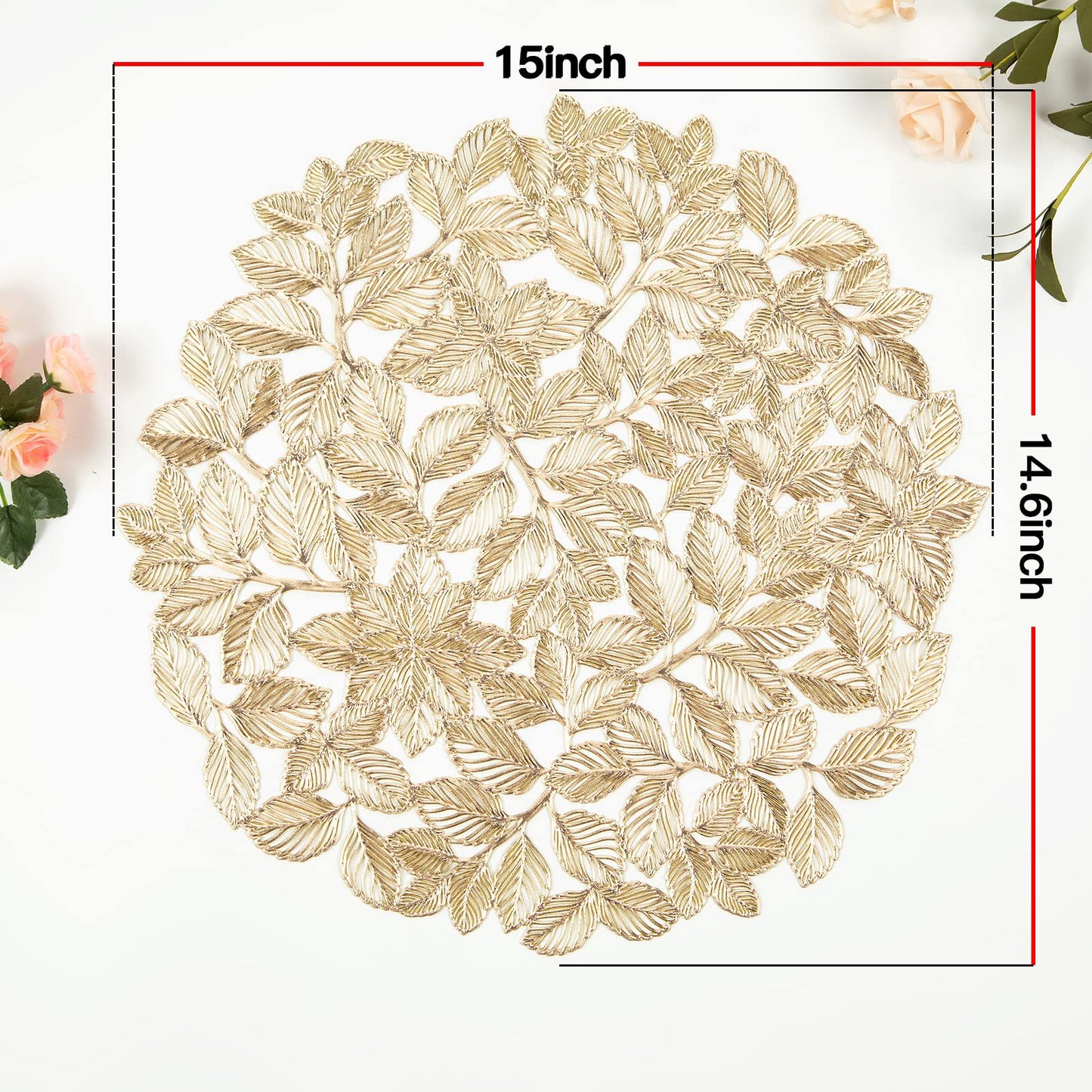 Crisjanggo Metallic Placemats Set of 6 Gold Leaf Round Placemats Non-Slip Wipeable Table Mats for Dinner,Party,Wedding Accent Centerpiece