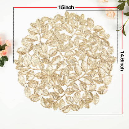 Crisjanggo Metallic Placemats Set of 6 Gold Leaf Round Placemats Non-Slip Wipeable Table Mats for Dinner,Party,Wedding Accent Centerpiece