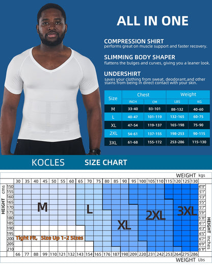 KOCLES Gynecomastia Compression Shirts for Men, Shapewear Slimming Body Shaper Undershirt, V-Neck Baselayer T-Shirt Workout