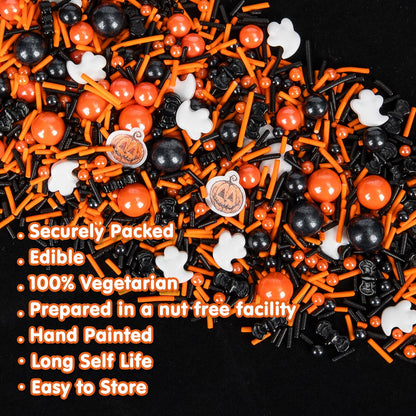 Edible Halloween Pumpkin Sprinkles,Orange Pearls Mix White Ghost,130g/4.58oz,Black Bat Monster,Pearls and Jimmies Mixed,Perfect for Cake Decorations, Baking, Ice Cream, Cookies, Cupcake Topper,Halloween Thanksgiving Children's Party Supplies