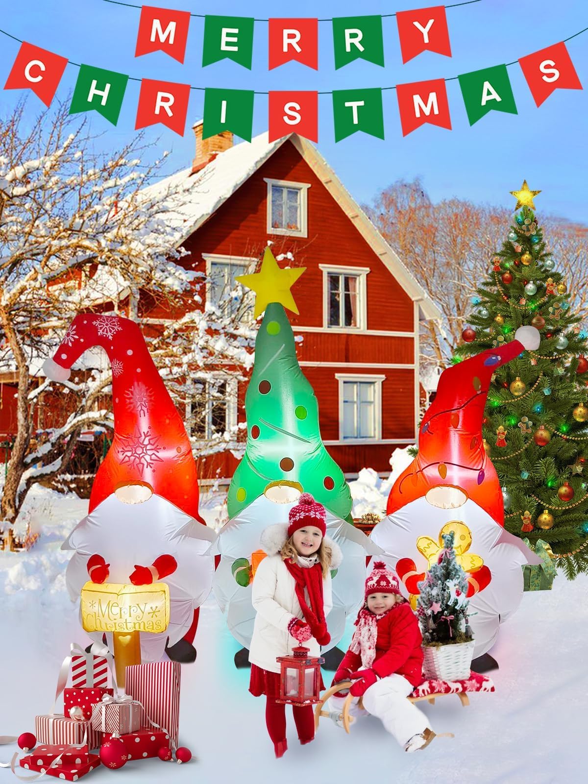 Kalolary Christmas Inflatables Decorations Gnome with Christmas Signs Gift Gingerbread Man Blow Up Yard Decoration for Halloween Party Indoor, Outdoor, Yard, Garden, Lawn Decorations
