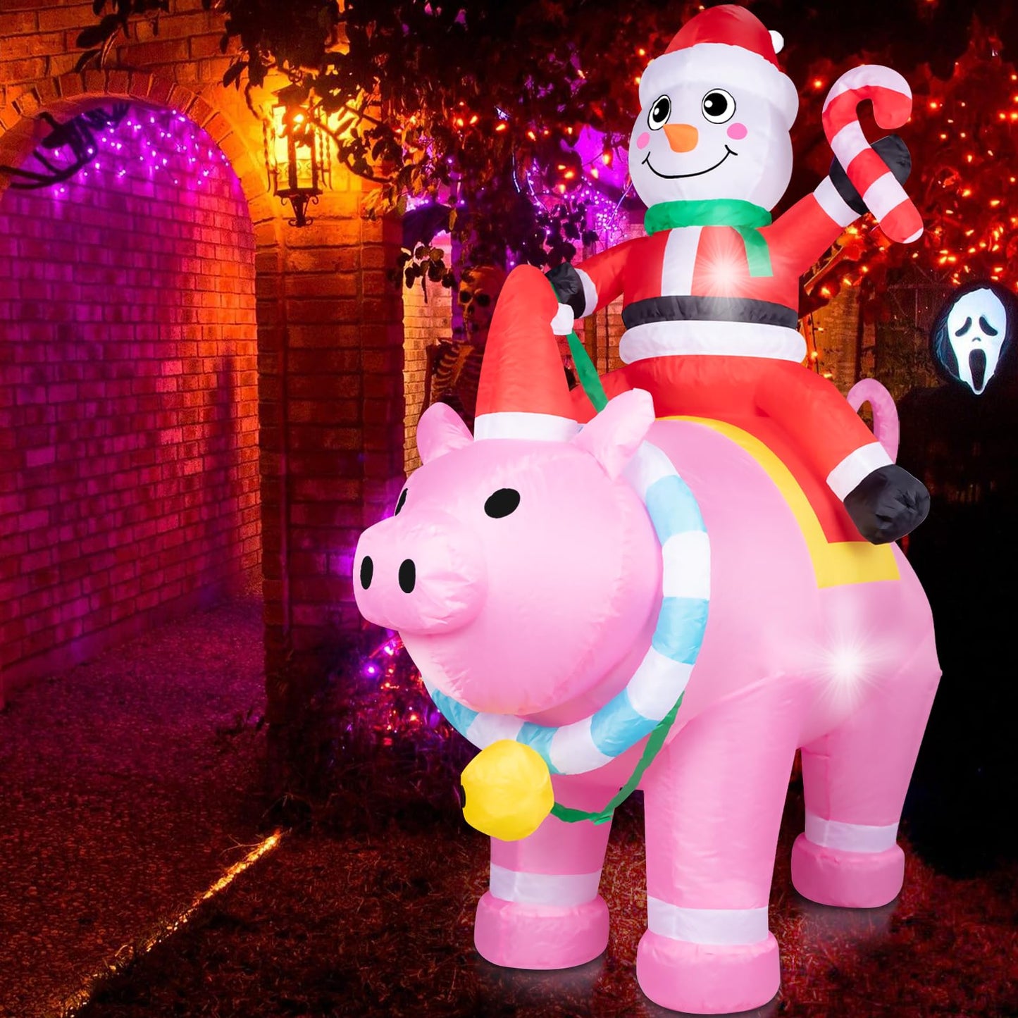 7FT Halloween Inflatables Cute Inflatable Halloween Inflatable Santa with Pink Pig Halloween Decorations Outdoor Halloween Blow Up for Yard, Outside, Built-in LED Lights with Tether