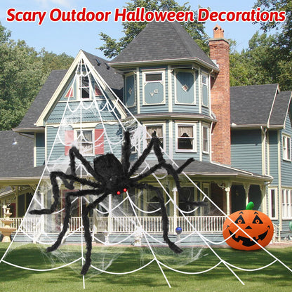 EZIGO 212'' Triangular Huge Halloween Spider Web 49" Giant Fake Spider for Outdoor Halloween Decorations with Stretch Cobweb, halloween Party Supplies for Indoor Home Yard Haunted House Décor