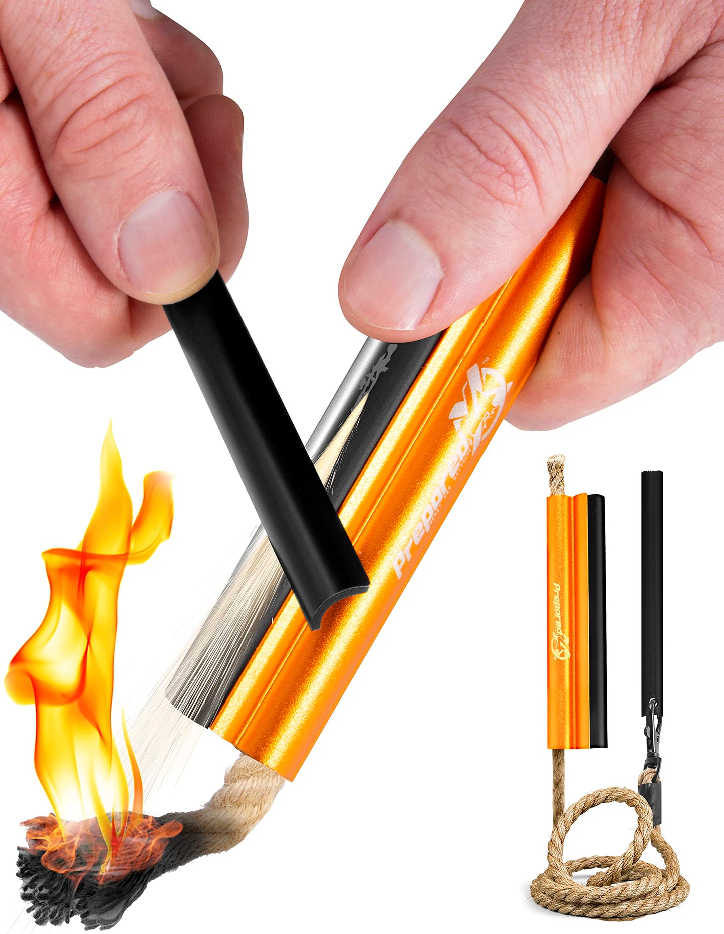 Fire Starter Survival Tool - All-in-One Patented Flint and Steel Fire Starter Kit - Ferro Rod Fire Starter with 36" Waterproof Tinder Wick Rope and Steel Fire Striker | Prepared4X