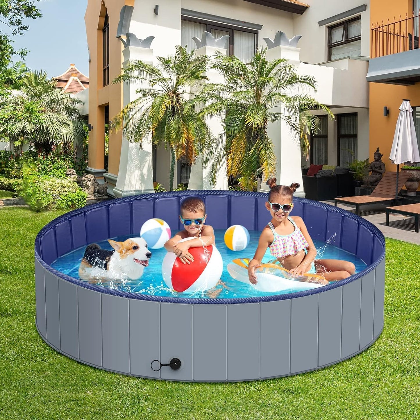 Dog Pool for Large Dogs, Kiddie Pool Hard Plastic, Dog Bathtub Portable, Foldable Pool for Dogs Slip-Resistant (Dark Gray, XL-64"x12")