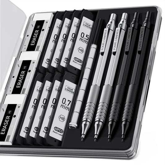 Four Candies 4PCS Metal Mechanical Pencils Set with Case, 0.5mm & 0.7 mm Artist Pencil with 8 Tubes (480PCS) HB Lead Refills, 3 Erasers,9 Eraser Refills For Writing Drafting, Drawing, Black&Silver