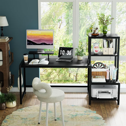 GreenForest Computer Desk 58 inch with Printer Shelf, Reversible Office Desk with Monitor Stand and 2 Hooks, Home Workstation for Study Writing Working Gaming, Black
